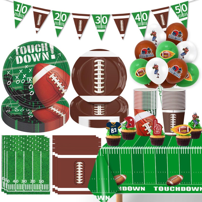 Bolake 140PCS Football Party Supplies Tableware Set Serve 24, Football Birthday Party Decorations Includes Plates Napkins Cups Banner Balloons Cake ToppersTablecloth for Football Themed Party Supplies - Image 1